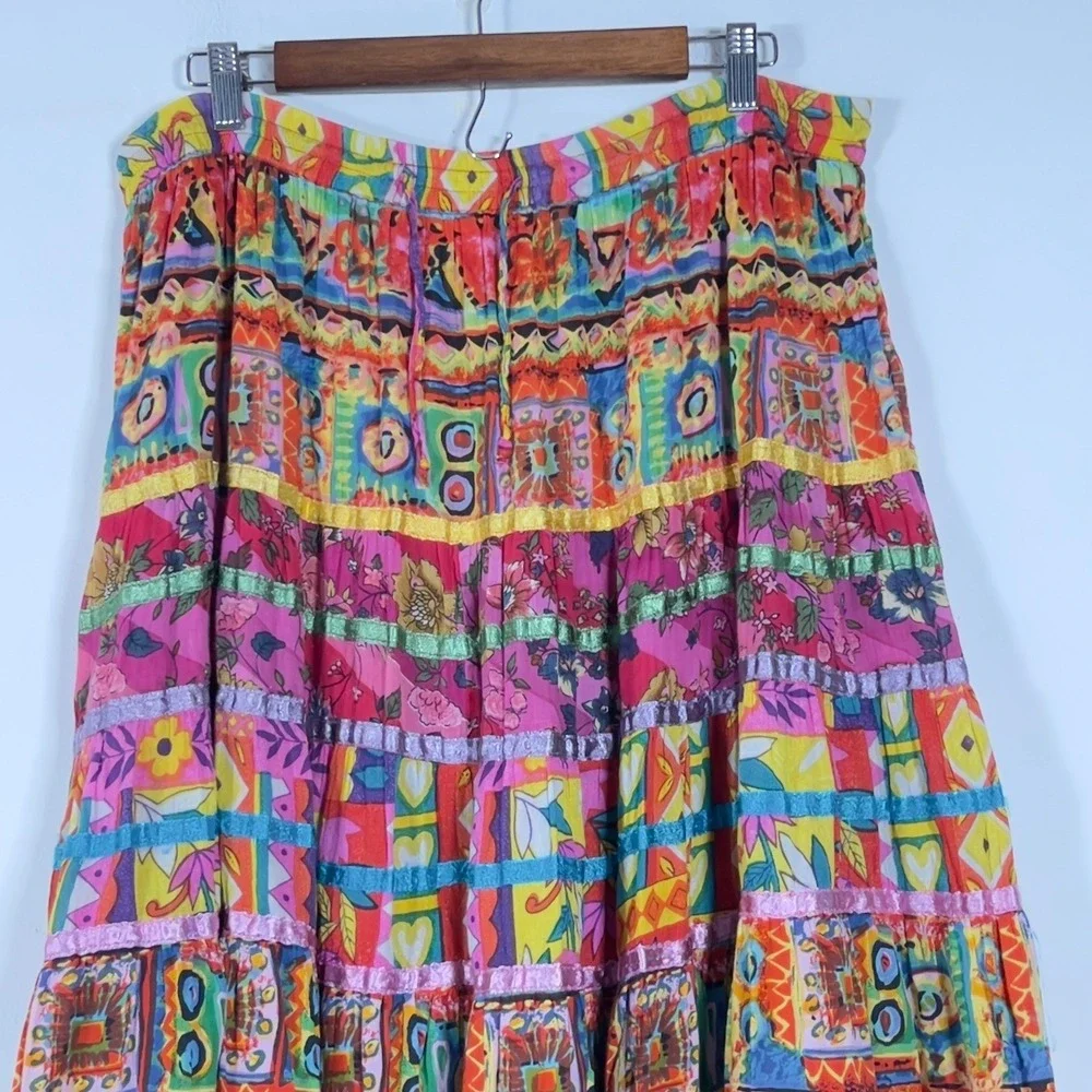anii By Natural Boho Tiered Maxi Skirt Women Sz L Multicolor Floral Ribbon Trim - Picture 2 of 8